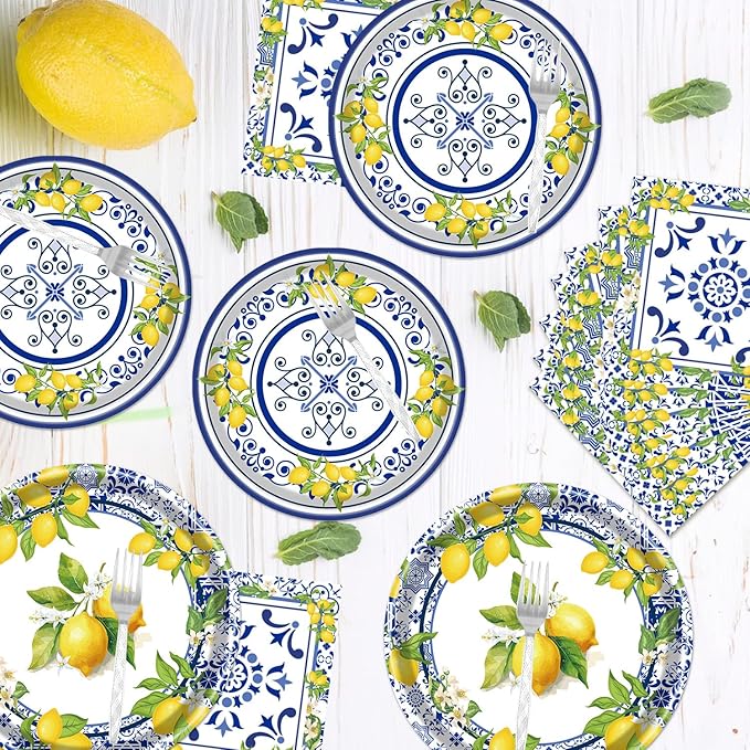 Rakuto Lemon Party Plates Supplies - 96PCS Lemon Party Decorations Supplies Tiles Yellow Lemon Party Paper Plates Napkins Fork Tableware Summer Fruit Lemon Decor Disposable Party Dinnerware(24 Guests)