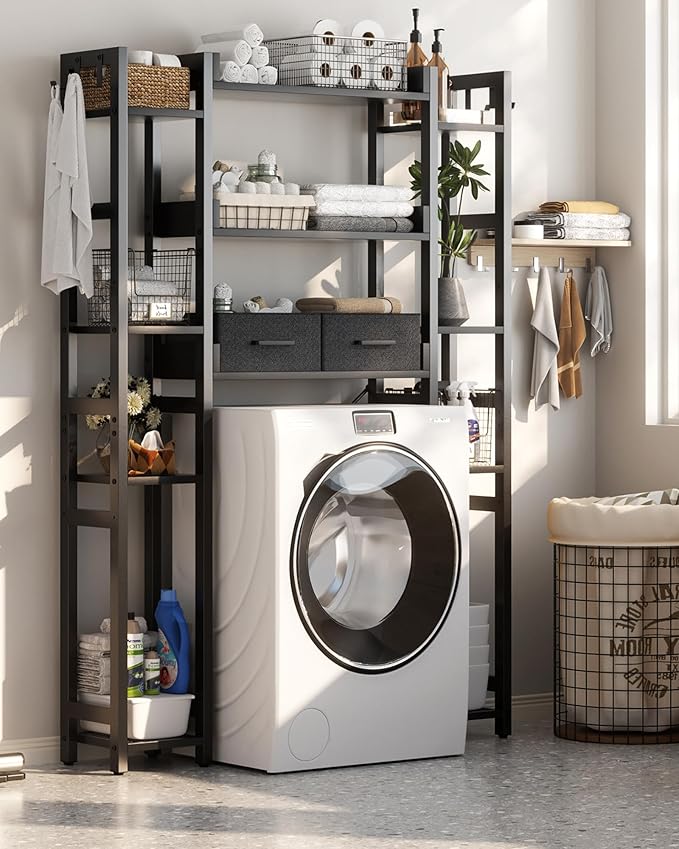 Over The Toilet Storage with 2 Drawers - 11 Tier Bathroom Organizer Freestanding Space Saver Storage Rack with Adjustable Shelf Above Toilet Stand with 4 Hooks for Restroom, Laundry, Black