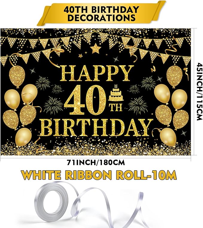 40th Birthday Decorations for Men Women - Happy 40th Birthday Banner Decorations Cheers to 40 Years Birthday Party Suppiles Black Gold Backdrop for 40th Birthday Party Favors Decor (71 x 45 inch)