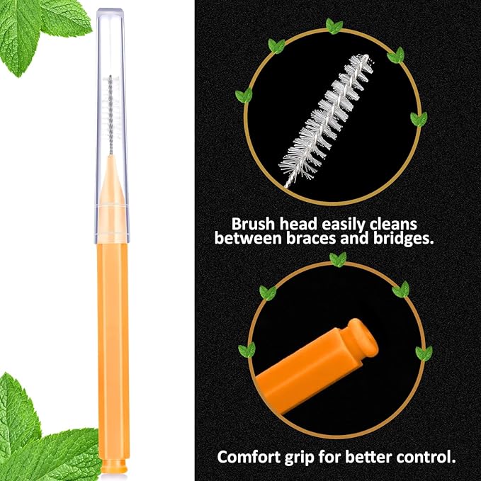 Patelai 100 Pieces Braces Brush for Cleaner Interdental Brush Toothpick Dental Tooth Flossing Head Oral Dental Hygiene Flosser Toothpick Cleaners Tooth Cleaning Tool(Orange,Ideal Size)