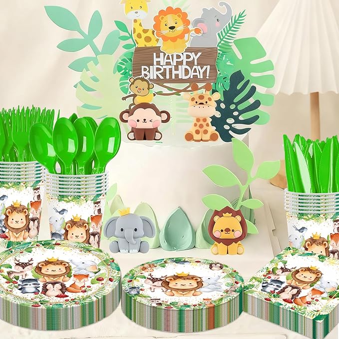 Jungle Animals Party Decorations - 350 Pcs Safari Animal Baby Shower Plates and Napkins, Wild Animals Theme Disposable Tableware Set for Baby Shower Zoo Birthday Party Supplies Favors, Serves 50