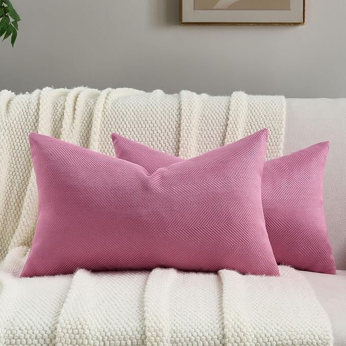 FUTEI Hot Pink Chenille Throw Pillow Covers 12x20 Inch Set of 2,Soft Wide Chevron Textured Lumbar Pillow Cases,Farmhouse Home Decor for Couch Bed Living Room
