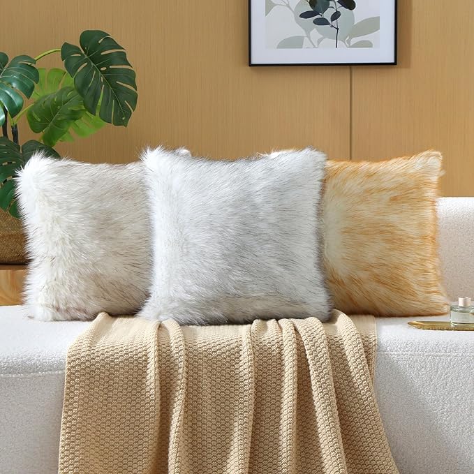 FUTEI Brown White Decorative Throw Pillow Covers 18x18 Inch Set of 2,Soft Fluffy Faux Fox Fur Textured Cushion Case,Modern Home Decor for Couch Living Room