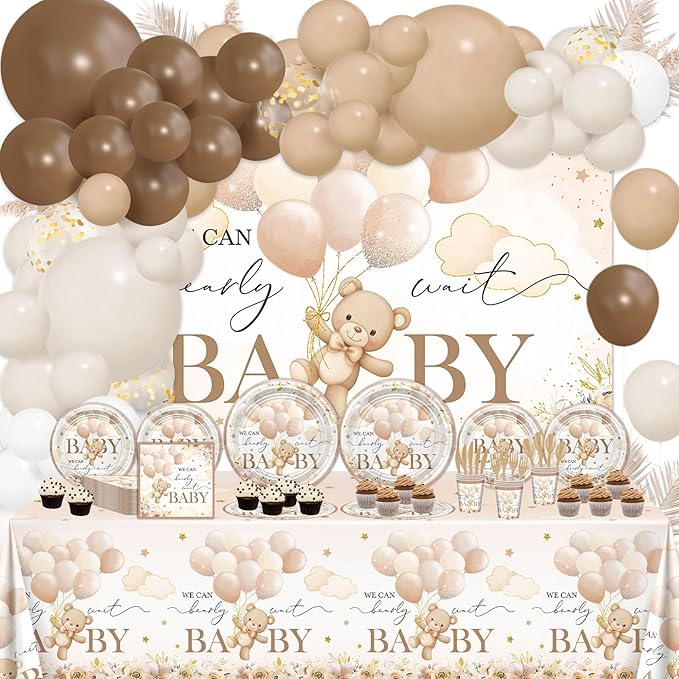 270 Pcs We Can Bearly Wait Baby Shower Decorations: Bear Baby Shower Banner Balloons Disposable Bear Themed Plates and Napkins Cups Tablecloth, Serve 24