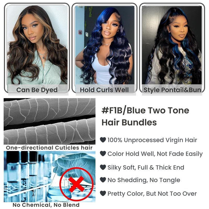 ALHER Black Mix Blue Highlight Body Wave 4x4 Lace Closure, 12A #1B/Blue Colored Closure Free Part Pre Plucked with Baby Hair, 100% Virgin Remy Human Hair for Black Women 150% Density 10 Inch