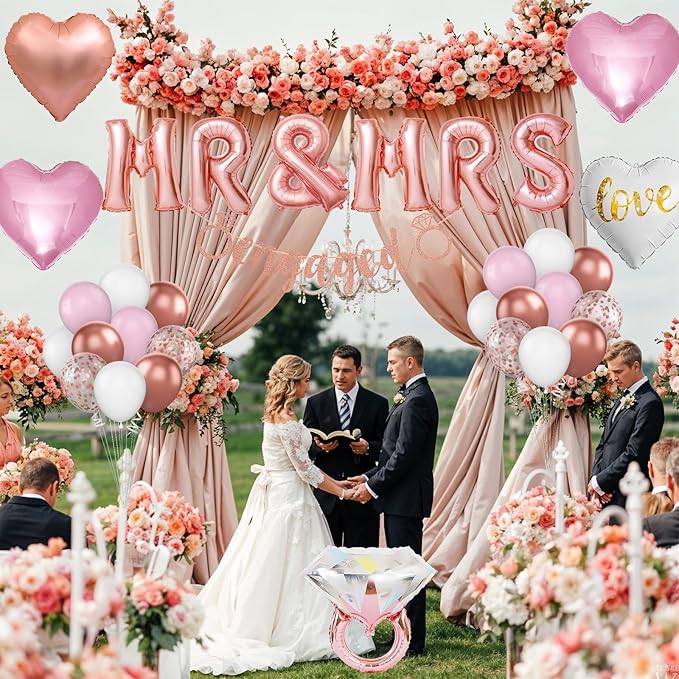 Rose Gold Engagement Party Decorations, MR and MRS Balloons Decor, Pink White Confetti Balloons, Love Heart and Diamond Ring Foil Balloon with Engaged Banner for Wedding Engagement Party Decoration