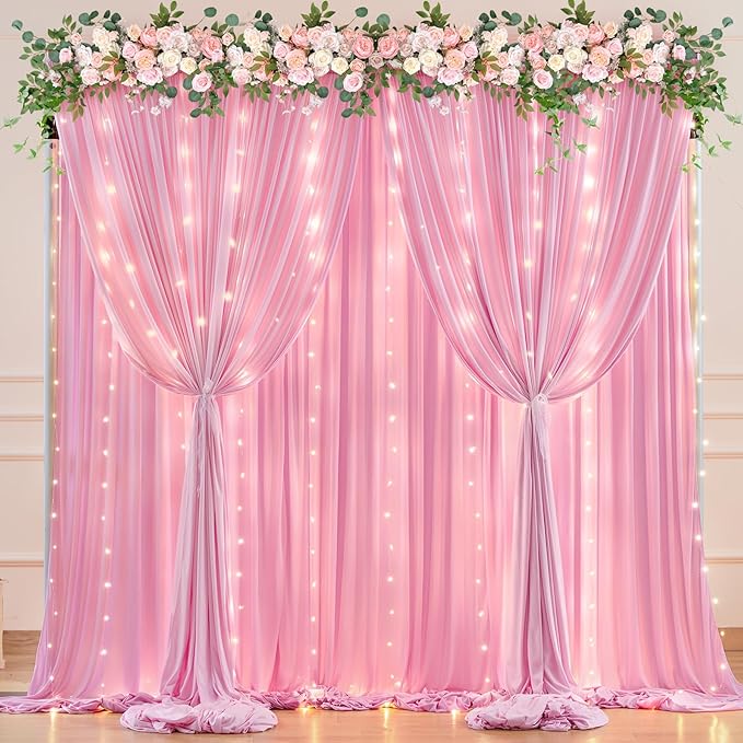 20 x 10ft Pink Backdrop Curtains with Lights String for Valentine’s Day Photo Backdrop Drapes Wrinkle Free Polyester Curtain Backdrop for Girls Birthday Party Wedding Reception Baby Shower-5 x 10ft 4P