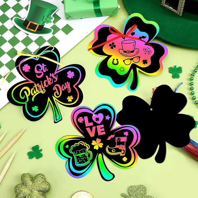 JULMELON 36 PCS St. Patrick’s Day Shamrocks Scratch Crafts Bulk Rainbow Magic Scratch Art for Kids DIY Handmade Saint Patrick’s Day Crafts for Kids St Patricks Day Classroom Party Favors Gift Tag
