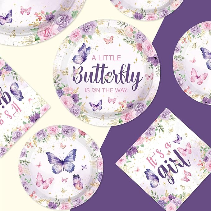 250 Pcs Butterfly Baby Shower Decorations A Little Butterfly is on The Way Tableware Set Include Purple Floral Plates Napkins Cups for Kids Girls Baby Shower Birthday Supplies Serves 50