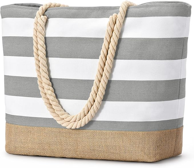 Becokan Beach Bags for Women Large Canvas Beach Tote Bag Beach Bags Waterproof Sandproof Swim Pool Bag Travel Essentials