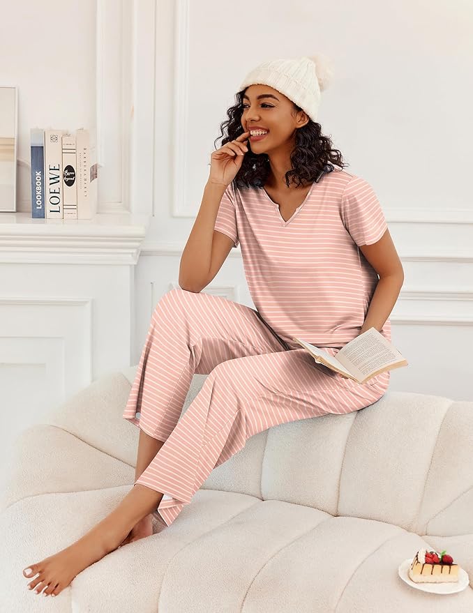 Ekouaer 2 Piece Womens Pajamas V Neck Short Sleeve Top and Long Pants Pjs Print Lounge Set Sleepwear