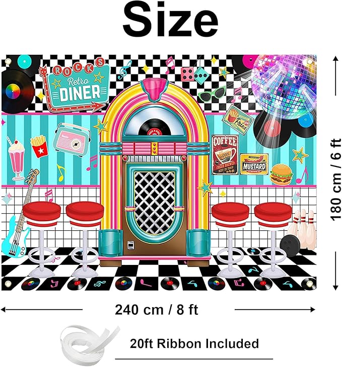 Avezano 50s Retro Diner Party Backdrop 50s Retro Rock and Roll Diner Classic Party Decoration Banner 1950s Sock Hop Decor (96 x 75 Inch)