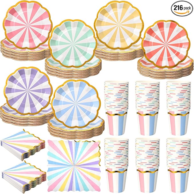 Yungyan 216 Pcs 72 Guest Pastel Party Plates and Napkins Gold Foil Scalloped Edge 6" Paper Dessert Plates and Striped Pastel 9 oz Cup Disposable Tableware Set for Birthday Wedding Baby Shower Supplies