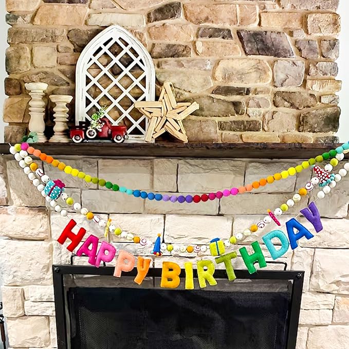 Colorful Wool Felt Ball Banner Garland, Handmade Rainbow Pom Pom Garland for Mantle, Wall, Table Centerpiece | Spring Decorations for Birthday, Christmas Home Kids Playroom Decor 6.56 Ft 60 Balls