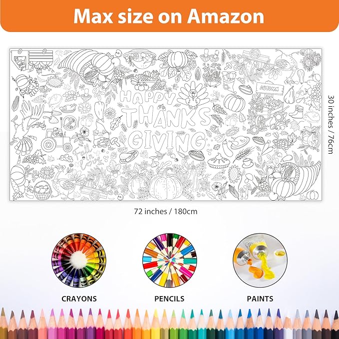 Tbsone Fall Thanksgiving Coloring Tablecloth Poster - 30x72 Inches Giant Paper Banner for Kids - Thanksgiving Crafts, Activities - Ideal for Fall Thanksgiving Party Decorations and Games