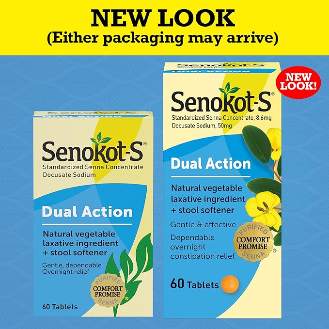 Senokot-S Dual Action Natural Vegetable Laxative Ingredient Plus Stool Softener Tablets, Docusate Sodium, Senna Concentrate, Gentle, Overnight Relief From Occasional Constipation, 60 ct