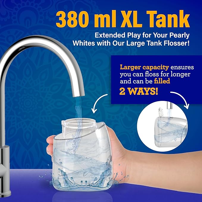 GuruNanda Water Dental Flosser 2.0 XL – 380ML Large Tank, 4 Flossing Modes, Cordless & Portable with Smart Timer for Deep Cleaning & Happy Gums - White