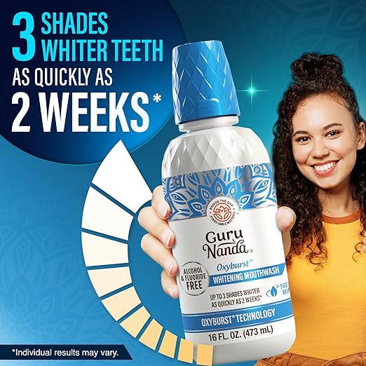 GuruNanda Oxyburst Teeth Whitening Mouthwash – Alcohol & Fluoride Free, with Hydrogen Peroxide & 7 Essential Oils, for On-The-Go Freshness, Wild Mint, 2x16 fl oz