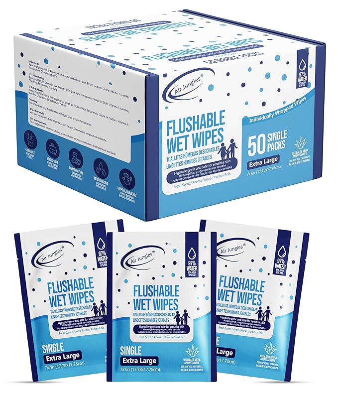 Air Jungles Flushable Wipes Individually Wrapped 50 Ct, with Aloe Vera & Vitamin E, Travel Size Wet Cleansing Wipes for Adult, Fresh Scent, Alcohol Free - XL 7 × 7 in