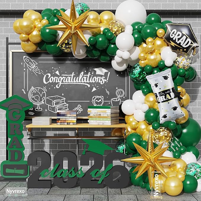 Class of 2026 Graduation Balloon Garland Arch Kit, 139Pcs Green Gold White Graduation Party Decorations, Graduation Backdrop for Party, Congrats Balloons, Graduation Decor for Ceremony & Celebration