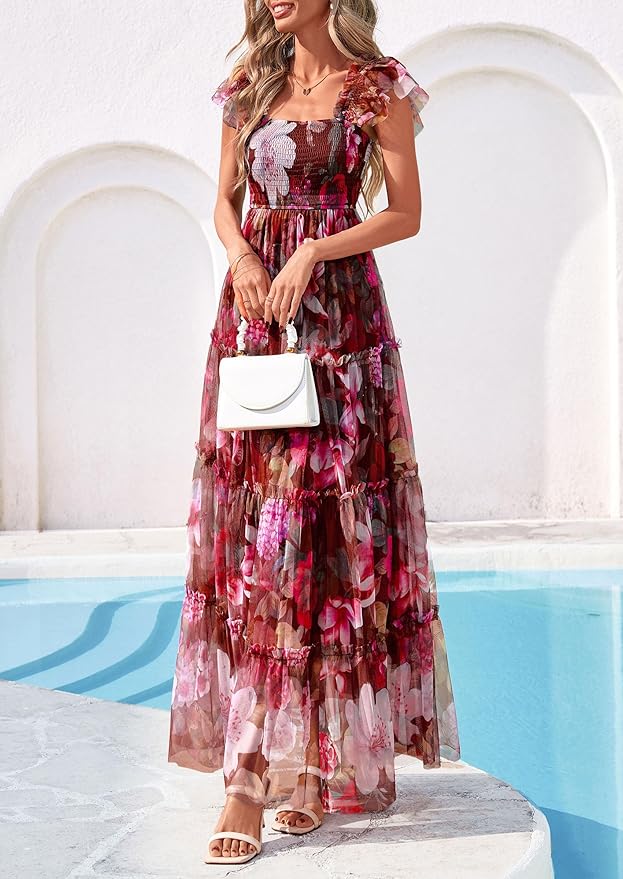 PRETTYGARDEN Women's Summer Tulle Midi Dress Sleeveless Smocked Ruffle Flowy Mesh Dresses Party Wedding Guest Sundress