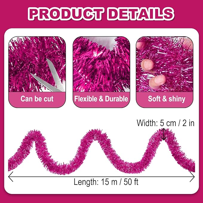 50 Feet Christmas Foil Fringe Banner Metallic Tassle Garland Metallic Backdrop Parade Floats Shiny Hanging Ceiling, Valentine's, Wedding, New Year Party Decorations(2" x 50', Rose Red)