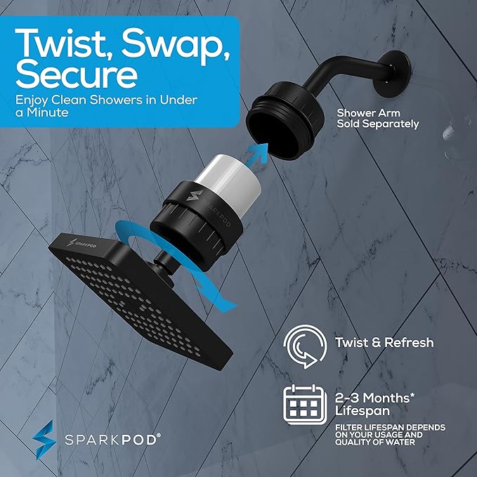 SparkPod Luxury Filtered Shower Head Set 23 Stage Shower Filter - Reduces Chlorine and Heavy Metals - High Pressure Showerhead Filter (6" Square, Midnight Black Matte)
