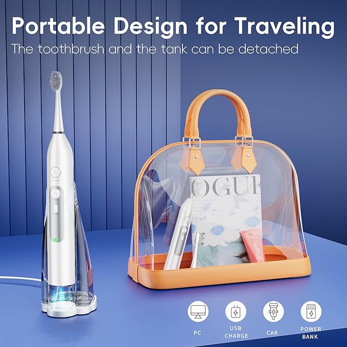 Electric Toothbrush with Water Flosser, All in One Sonic Flossing Toothbrush with 3 Modes & 5 Flossing Speeds & 4 Brush Heads, Rechargeable & Portable for Adult Teeth Cleaning