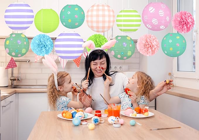 14pcs Easter Party Hanging Decorations – Vintage Paper Lanterns and Pom Poms Set for Classroom, Birthday Supplies, Egg Hunt, Indoor Home Spring Decor