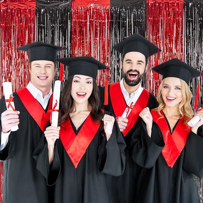 LOLStar Graduation Party Decoration, 4 Pack Red and Black 3.3x6.6 ft Foil Fringe Curtains, Tinsel Backdrop, Graduation Photo Booth Prop Streamer Backdrop for Class of 2026, Prom and Grad Party Decor