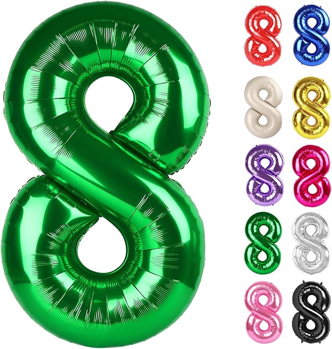 Green Number 8 Balloon 40 Inch, 8 Balloon Number, 8th Birthday Decorations, Green Party Supplies for Boys Girls