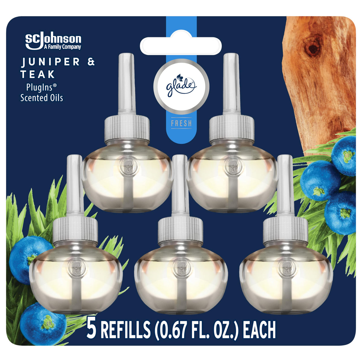 Glade PlugIns Refills Air Freshener, Scented and Essential Oils for Home and Bathroom, Juniper & Teak, Fresh Collection 3.35 Fl Oz, 5 Count