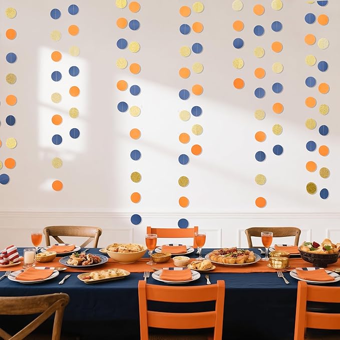 Circle String Decorations Paper Garlands Party Streamers, 30 Feet (Gold Glitter, Orange, Blue)