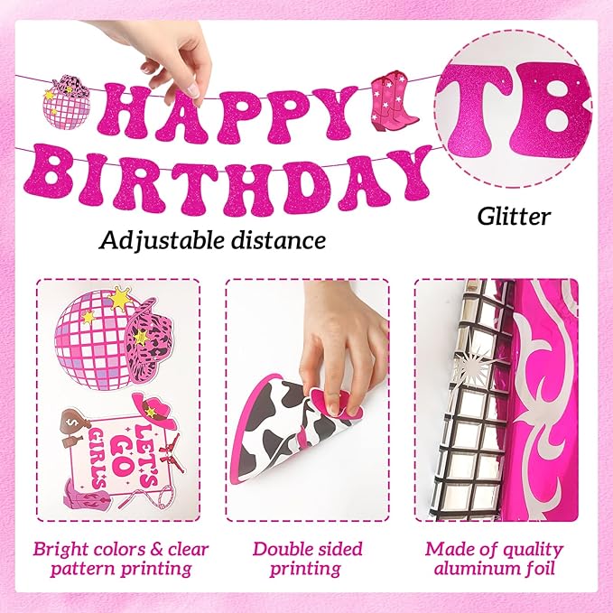 34pcs Disco Cowgirl Birthday Party Decorations, Western Cowgirl Party Decorations Hot Pink Happy Birthday Banner Disco Cowgirl Balloon Last Rodeo Bachelorette Party Decor Supplies for Women Girls