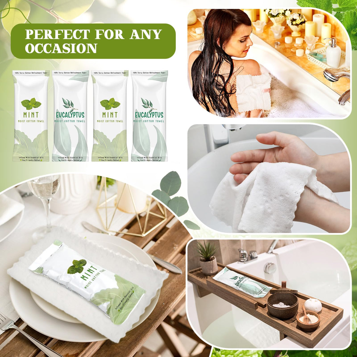 Timgle 50 Pcs Moist Towelettes Individually Wrapped Scented Disposable Face Towels Essential Oil Infused Moist Terry Cotton Towel for Use Hot or Cold Travel Body Spa(Mint, Eucalyptus Leaves)