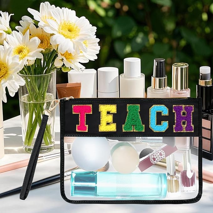 Chenille Letter Bag, Multi-purpose Nylon Clear Makeup Cosmetic Bags Flat Pouches with Zipper for Travel, Gym, Beach (Black-Teach)