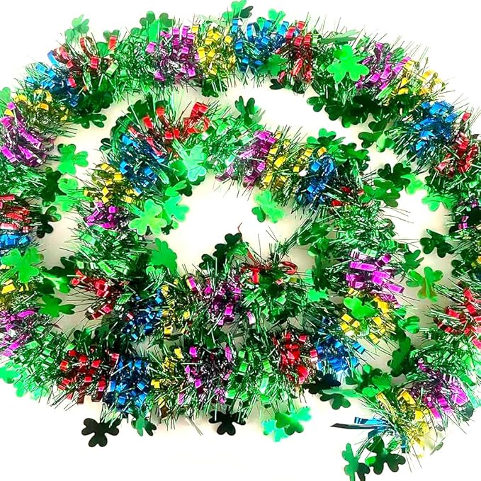 33Ft St Patrick's Day Tinsel Twist Garland Decorations Shiny Thick Shamrock Metallic Foil Wreath for St Patricks Day Irish Festival Party Parade Floats and Other Holidays Hanging Decor Supplies