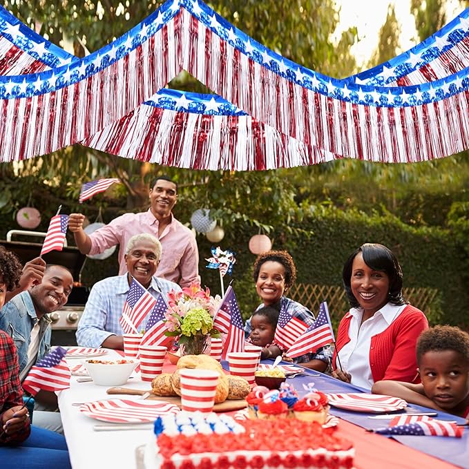 3Pack 30ft 4th of July Decorations Banner USA Stars Foil Fringe Garland Tinsel Streamers Red White and Blue Flag for Independent Memorial Veterans Day Patriotic Party USA 250 Anniversary Decorations