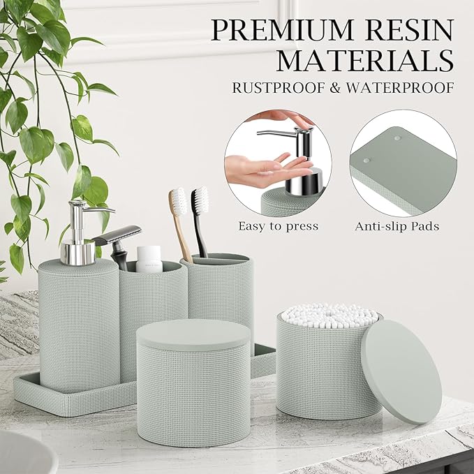 6-Piece Green Bathroom Set - Mesh Textured Resin Bathroom Accessories Set with Soap Dispenser, Toothbrush Holder, Cup, Vanity Tray & Apothecary Jars for Small Spaces