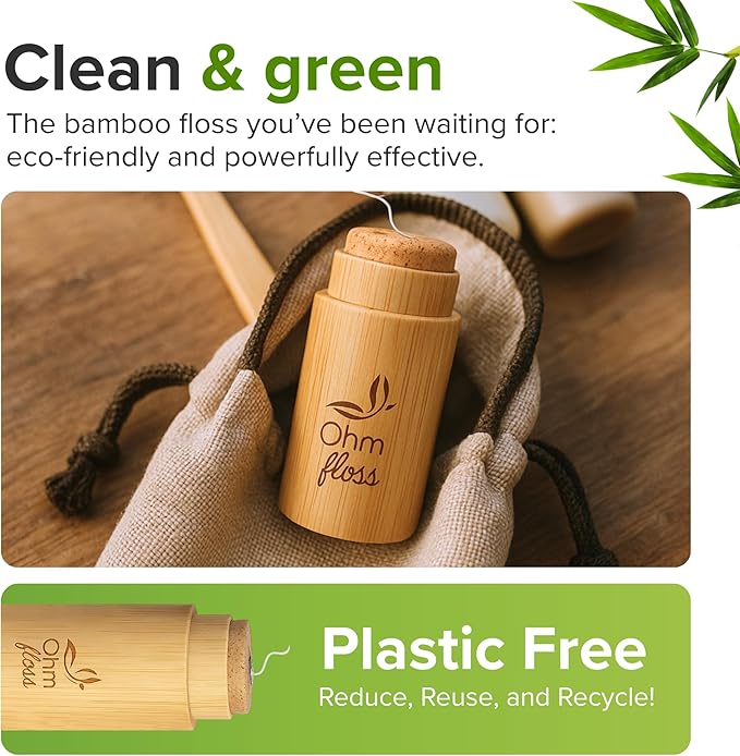 Ohm Earth’s Ohm Floss – Natural Silk Dental Floss with Refillable Bamboo Holder, Naturally Waxed with Candelilla 100% Compostable, 55 yds/50m Spool – Eco-Oral Care, Natural Mint