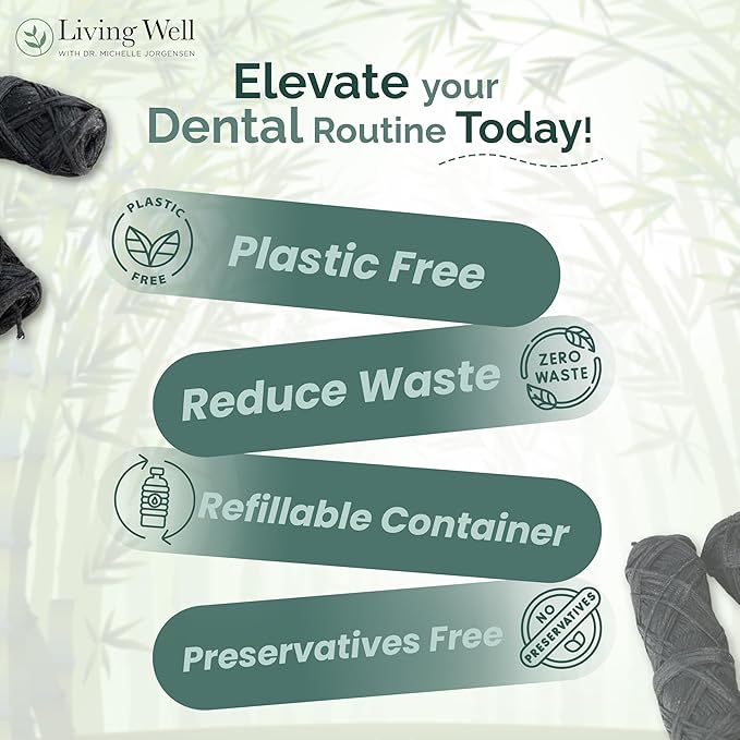 Living Well Bamboo Charcoal Dental Floss – Natural, Vegan, Biodegradable, PFAS-Free – Eco-Friendly Floss with Glass Jar – Zero Waste Oral Care