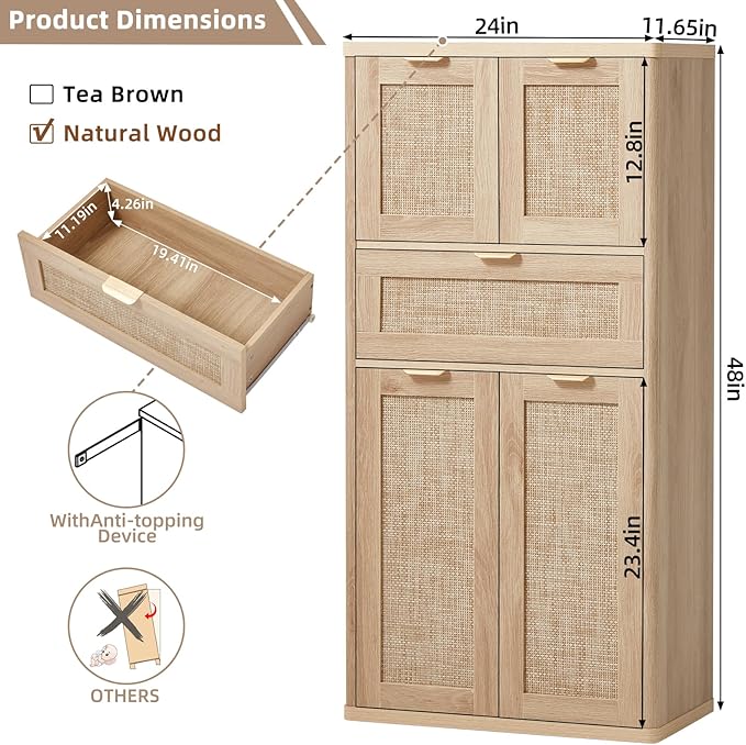 LEYAOYAO 48" Tall Storage Cabinet,Rattan Bathroom Floor Cabinets with 4 Doors & 1Drawer,Boho Kitchen Pantry with Adjustable Shelves,Wooden Cupboard for Living Room,Home Office,Dining,Natural Wood