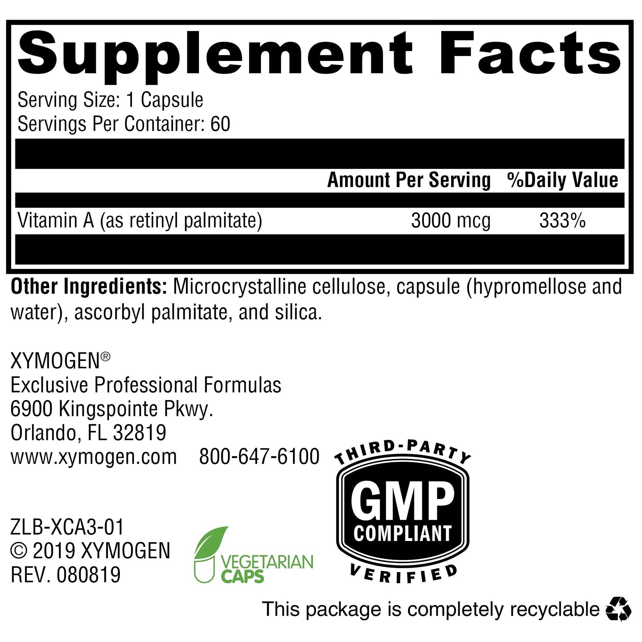 XYMOGEN Xcellent A 3000 - Supports Immune Function, Cellular Health & Mucosal Surfaces - Vitamin A as Retinyl Palmitate - Vegetarian, Non-GMO & Gluten-Free - 60 Capsules