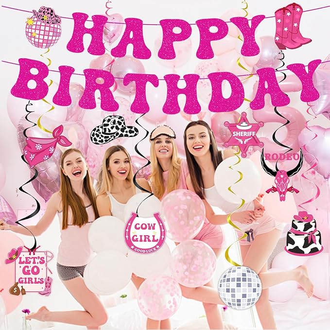 34pcs Disco Cowgirl Birthday Party Decorations, Western Cowgirl Party Decorations Hot Pink Happy Birthday Banner Disco Cowgirl Balloon Last Rodeo Bachelorette Party Decor Supplies for Women Girls
