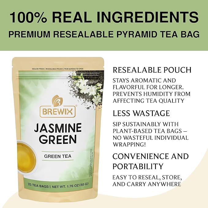 BREWIX, Jasmine Green Tea (25 Pyramid Tea Bags) | High Grown Green Tea from Himalayas with Jasmine | Caffeinated Tea Loose Leaf | High Elevation Grown