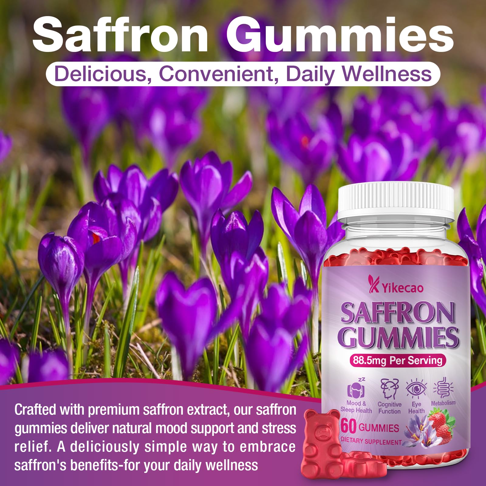 2 Pack Saffron Supplements Gummies for Kids & Adult, 88.5mg Saffron Extract with Vitamin D3, B6, Magnesium, Ashwagandha, L-Theanine for Clam, Energy, Focus, Sugar-Free, Strawberry Flavor, 120 Count