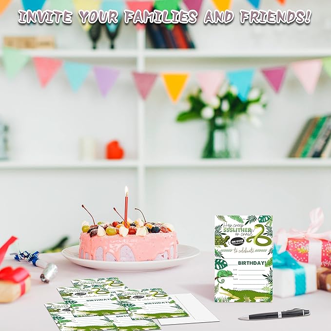 Reptile Birthday Party Invitations, 20-Count Snake Lizard Crocodile Theme Birthday Party Invites With Envelopes-HBYQK-B35