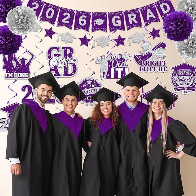 Purple Graduation Decorations 2026, 2026 Grad Banner and Congrats Grad Hanging Swirls, Purple and Silver Graduation Banner Graduations Hanging Swirls College Graduations Decorations Class of 2026