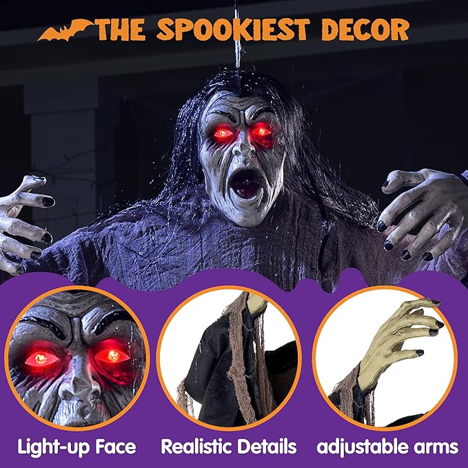 JOYIN Halloween Zombie Decorations Outdoor, Halloween Groundbreaker Outside Decor, Hanging Zombie Prop with Green Face and Lighted Eyes for Graveyard, Haunted House, Lawn, Yard, Indoor Decor