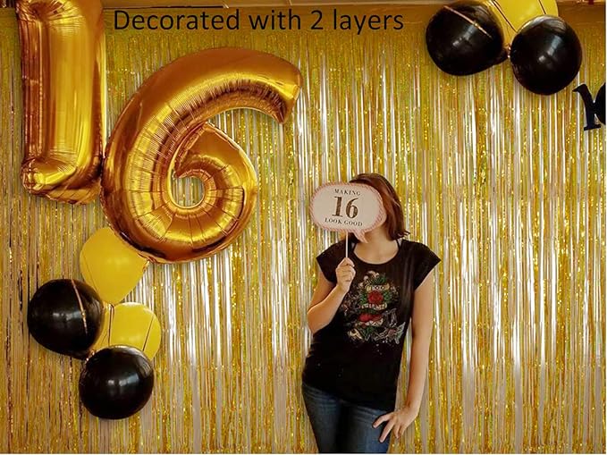 Graduation Decorations 2026 Foil Fringe Curtains - Melsan 3 Pack 3.2 x 8.2 ft Gold Tinsel Curtain Party Photo Backdrop for Birthday Party Happy Retirement Baby Shower or Graduation